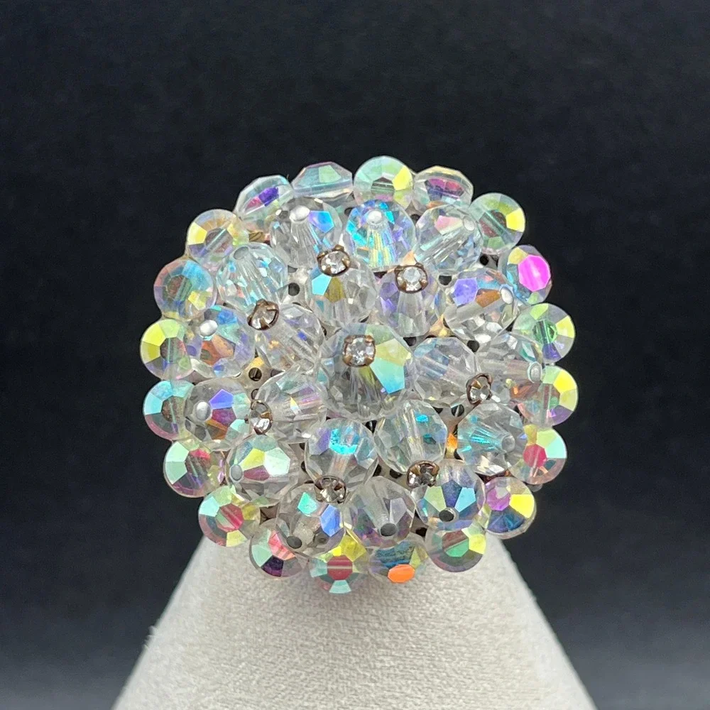 Vintage Brooch AB Crystal Cluster Rhinestones Domed 60s